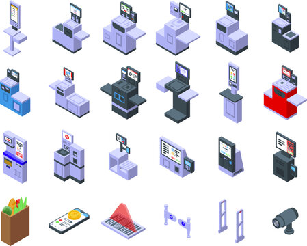 Self-service at the checkout icons set isometric vector. Supermarket cash. Scan terminal