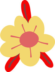 Doodle floral yellow flower element with red leaves. Ethnic cartoon design for birthday and holiday event cards and decorations.