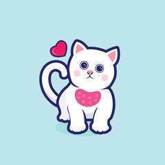 Cute white cat vector illustration with a love icon. Doodle cartoon style Cat for printable T-shirt, banner, poster greeting card, valentine's day