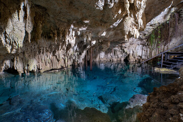 Cenote cave lake, Chichen Itza, Mexico. Cenote Zapote. Natural sinkhole pond with crystal clear...