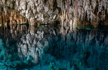 Cenote cave lake, Chichen Itza, Mexico. Cenote Zapote. Natural sinkhole pond with crystal clear water.