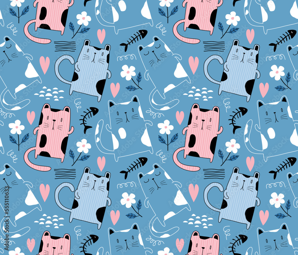 Wall mural cute cat seamless pattern. vector illustration