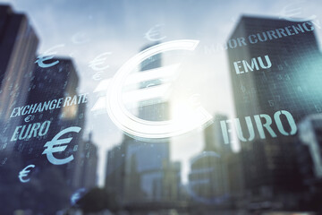 Virtual EURO symbols illustration on modern architecture background, forex and currency concept. Multiexposure