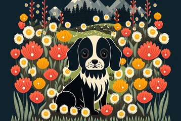 illustration of Mi-ki puppy in spring field, flower blossom and nature landscape

