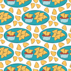Corn chips with spicy sauce seamless pattern. Latin american food background. Nachos print for design of textiles, paper, packaging vector illustration