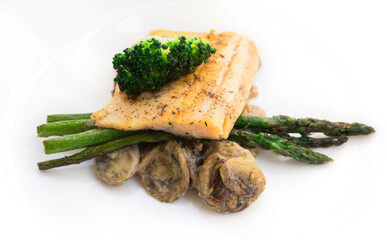 dish of fried river trout fillet with garnish of broccoli, asparagus sprouts and mushroom sauce on white background