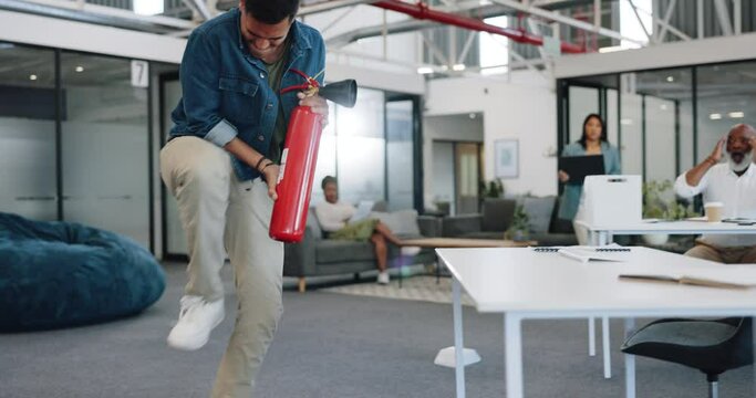 Anger, frustrated and fire extinguisher with a business man breaking a computer during a breakdown at work. Compliance, glitch and 404 with an angry male employee smashing a desktop in the office