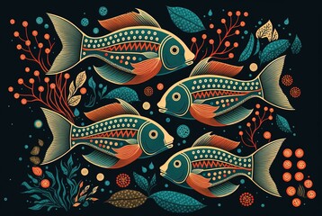 Norwegian folk art style illustration of underwater sea or ocean scene  - obrazy, fototapety, plakaty