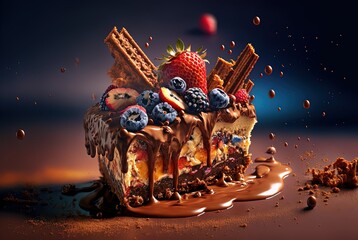 illustration of mix berries cake with chocolate splash