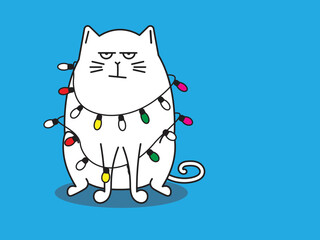 Indifferent fat cat in a garland on a blue background. Vector