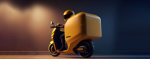 Fototapeta delivery motorbike or scooter driver with courier box on back, wide frame with copyspace area obraz