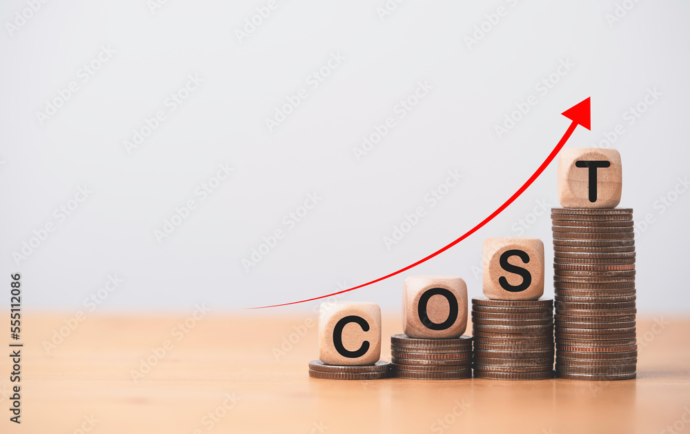 Poster cost wording on increasing coins stacking with up arrow for cost growth concept which effect to prod