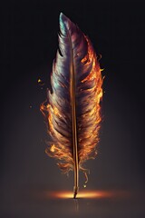 Burning phoenix feather on black background. Writing quill. Inspiration on the fire. Generative ai. 