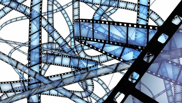 Moving long film strips on white background