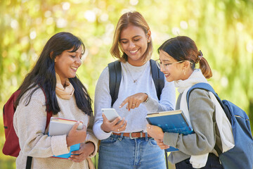 College, happy and student friends with phone for gen z meme, app or streaming funny video. Fun,...