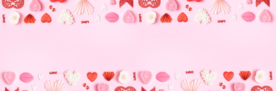 Banner with pattern from hearts and valentines day symbols elements top view. Creative valentines day flat lay background