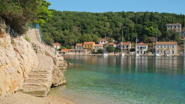 Small beach in picturesque Kioni fishing village on the Ithaca island, Greece