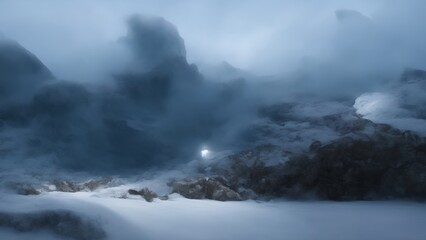 snowy mountains landscape with fog, generative ai