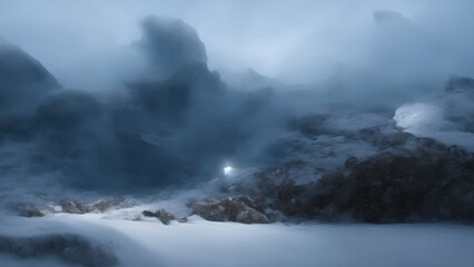 Obraz premium snowy mountains landscape with fog, generative ai