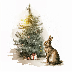 Hare near the decorated New Year tree with gifts. Illustration with oil paints generated AI. Digital art