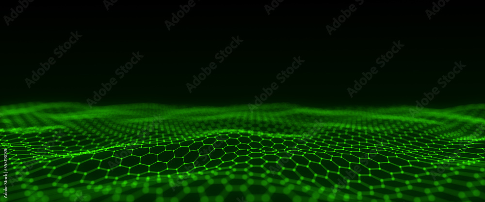 Poster futuristic hexagon wave. dark cyberspace. abstract wave with dots and line. white moving particles o