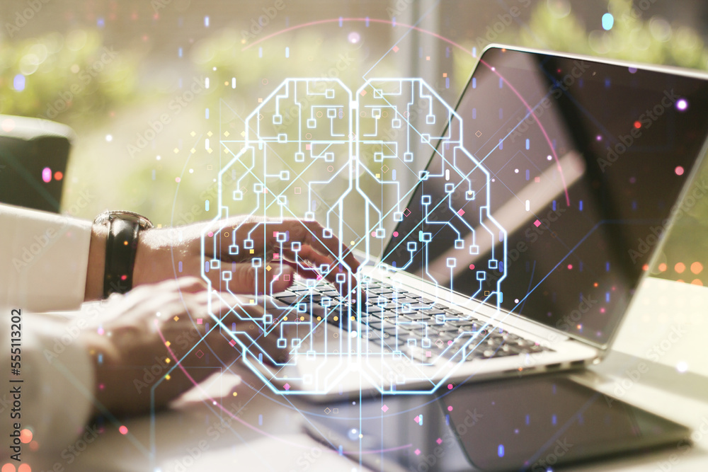 Poster double exposure of creative artificial intelligence symbol with hands typing on laptop on background