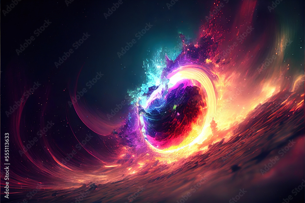 Poster magical fantasy black hole portal in the space with colorful nebula, made with generative ai
