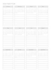 This is a simple, minimalist style annual planner with a year 12 month calendar for 2023. Note, scheduler, diary, calendar planner document template illustration.