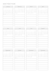 This is a simple, minimalist style annual planner with a year 12 month calendar for 2023. Note, scheduler, diary, calendar planner document template illustration.