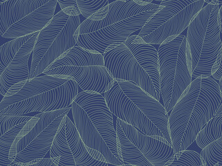 Seamless floral abstract background with  leaves drawn by thin lines. Dark blue  background with green leaves, monochrome.Vector floral  pattern