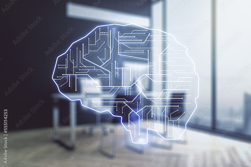 Poster double exposure of creative artificial intelligence symbol and modern desktop with laptop on backgro