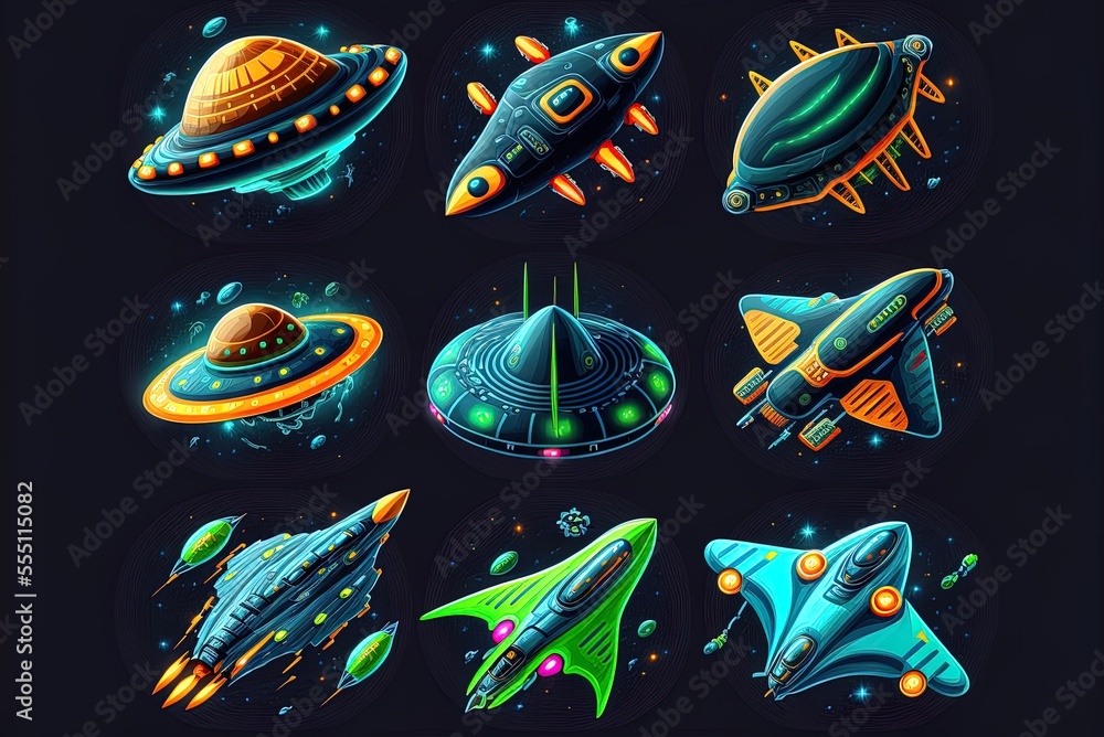 Poster image of alien spaceships in flight ufo game icons. generative ai
