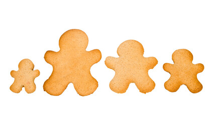 
Gingerbread cookies of different sizes isolated on white.