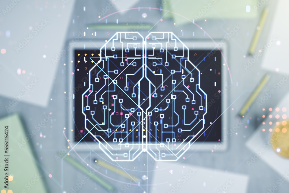 Aufkleber Double exposure of creative artificial Intelligence symbol and digital tablet on background, top view. Neural networks and machine learning concept