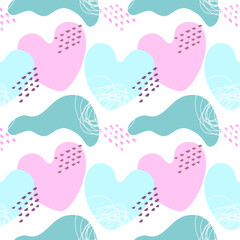 Pattern blue and violet heart love, boho style, wedding and Valentines day, pastel colors, doodle.