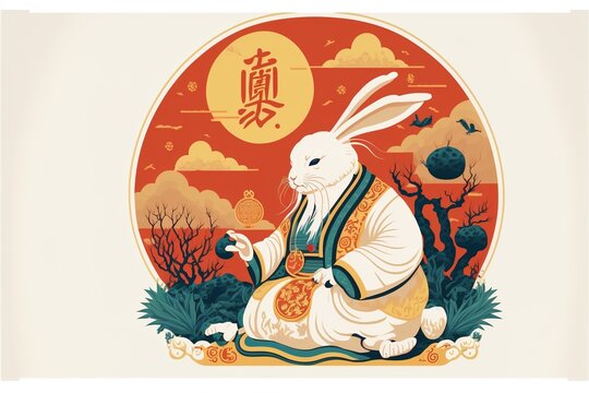 Chinese New Year 2023, the year of the rabbit, red and gold line art characters, simple hand-drawn Asian elements with a craft Happy Chinese New Year 2023, the year of the rabbit