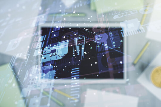 Abstract creative coding illustration and modern digital tablet on desktop on background, top view, software development concept. Multiexposure