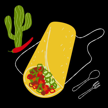 Mexican food illustration burrito on black background with cactus
