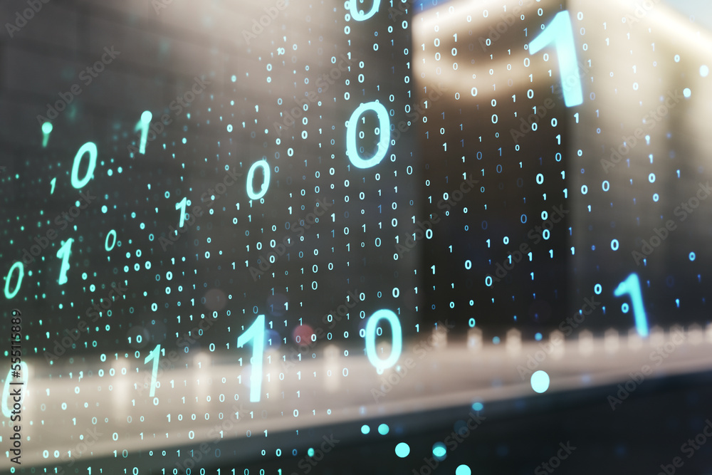 Poster abstract virtual binary code sketch on contemporary business center exterior background, hacking and