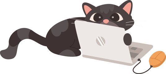 Lazy cat with laptop and computer mouse flat icon