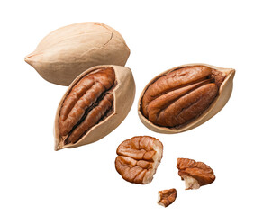 Whole pecan nuts and pieces flying isolated on white background