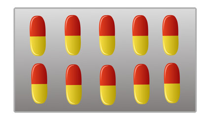 medicine capsules or tablets red and yellow plate