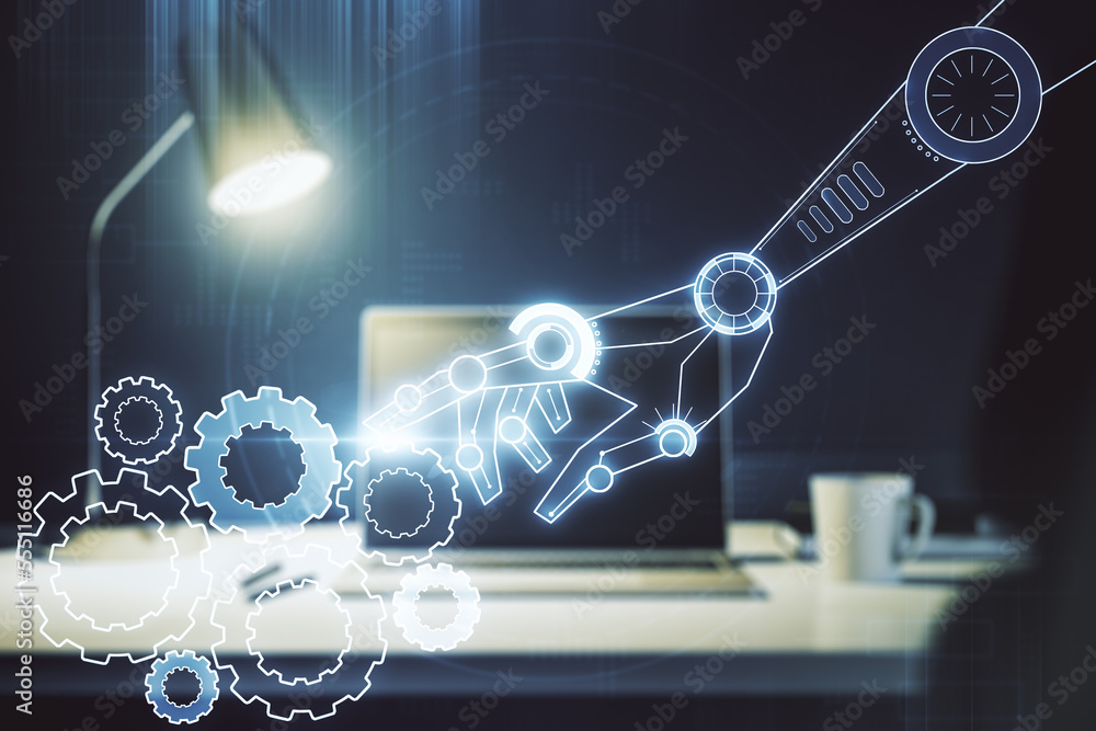 Poster creative abstract robotics technology sketch on modern laptop background, future technology and ai c