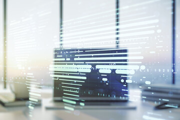 Double exposure of abstract digital world map on laptop background, research and strategy concept