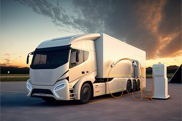 Hybrid electric truck being charging at charging station, 3d rendering , AI art - obrazy, fototapety, plakaty