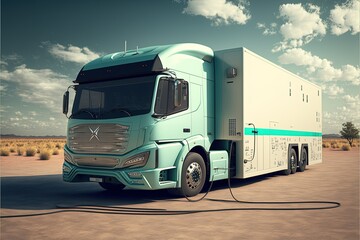 Hybrid electric truck being charging at charging station, 3d rendering , AI art