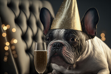  New Year's Eve party, dog and champagne, blurred background