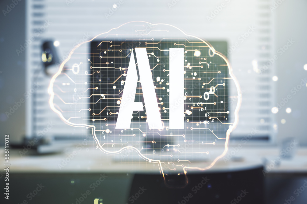 Aufkleber creative artificial intelligence concept with human brain sketch on modern computer background. doub