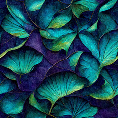 Obraz premium Seamless tile of a gingko leave in teal-turquoise-purple colors, colorful abstract gingko leave, tile, seamless, illustration, generated art, ai
