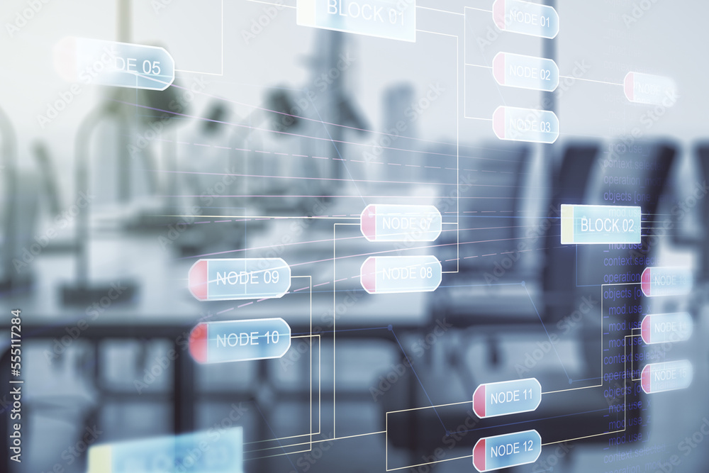 Aufkleber Double exposure of abstract programming language interface on modern corporate office background, research and development concept
